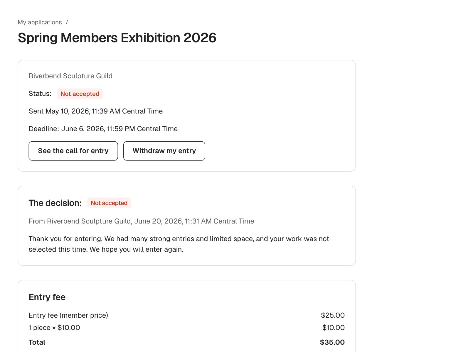 An application page with its status, decision message and fee.