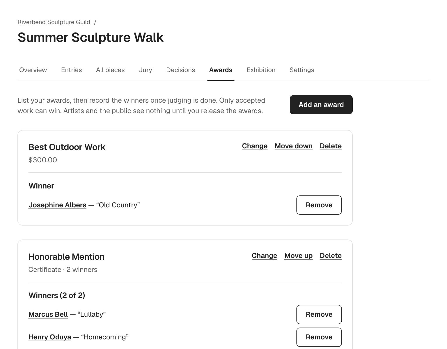 The Awards tab: Best Outdoor Work, $300, won by Josephine Albers, and Honorable Mention with two winners.