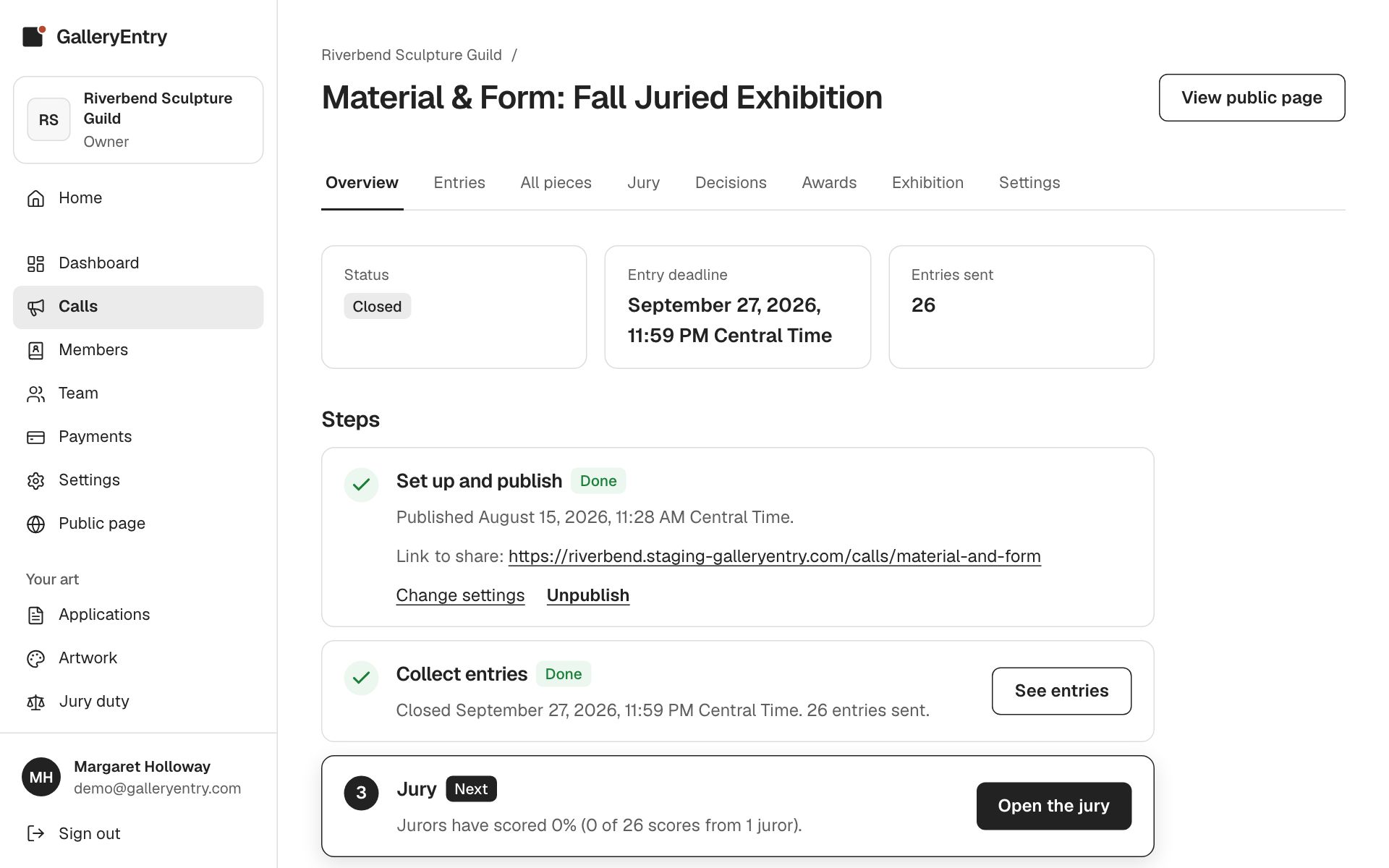 A call overview showing status Closed, the entry deadline, 26 entries sent, and the steps: set up and publish done, collect entries done, jury next.