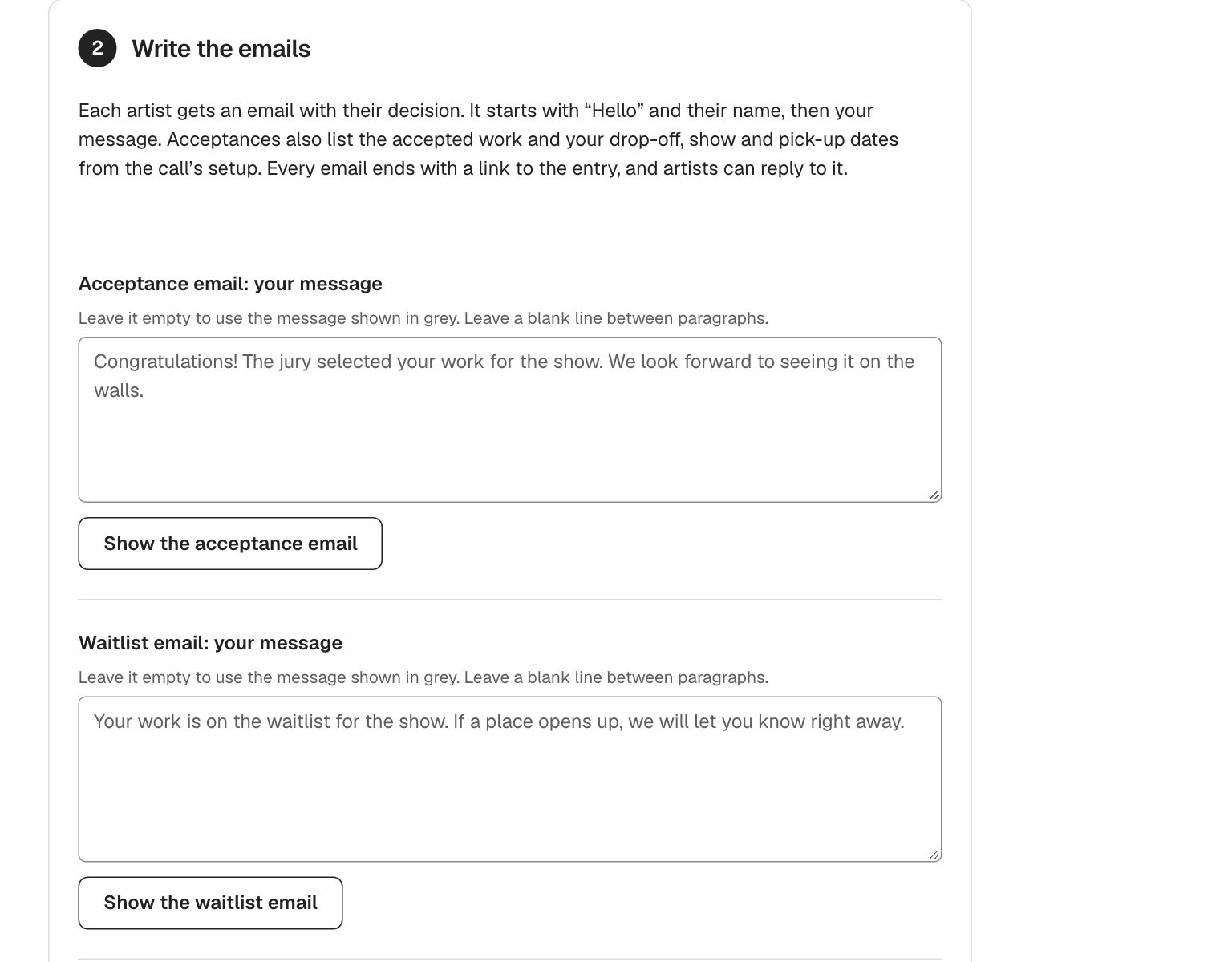 Writing the decision emails: a box for the acceptance message and the waitlist message, each with a button to preview the email.