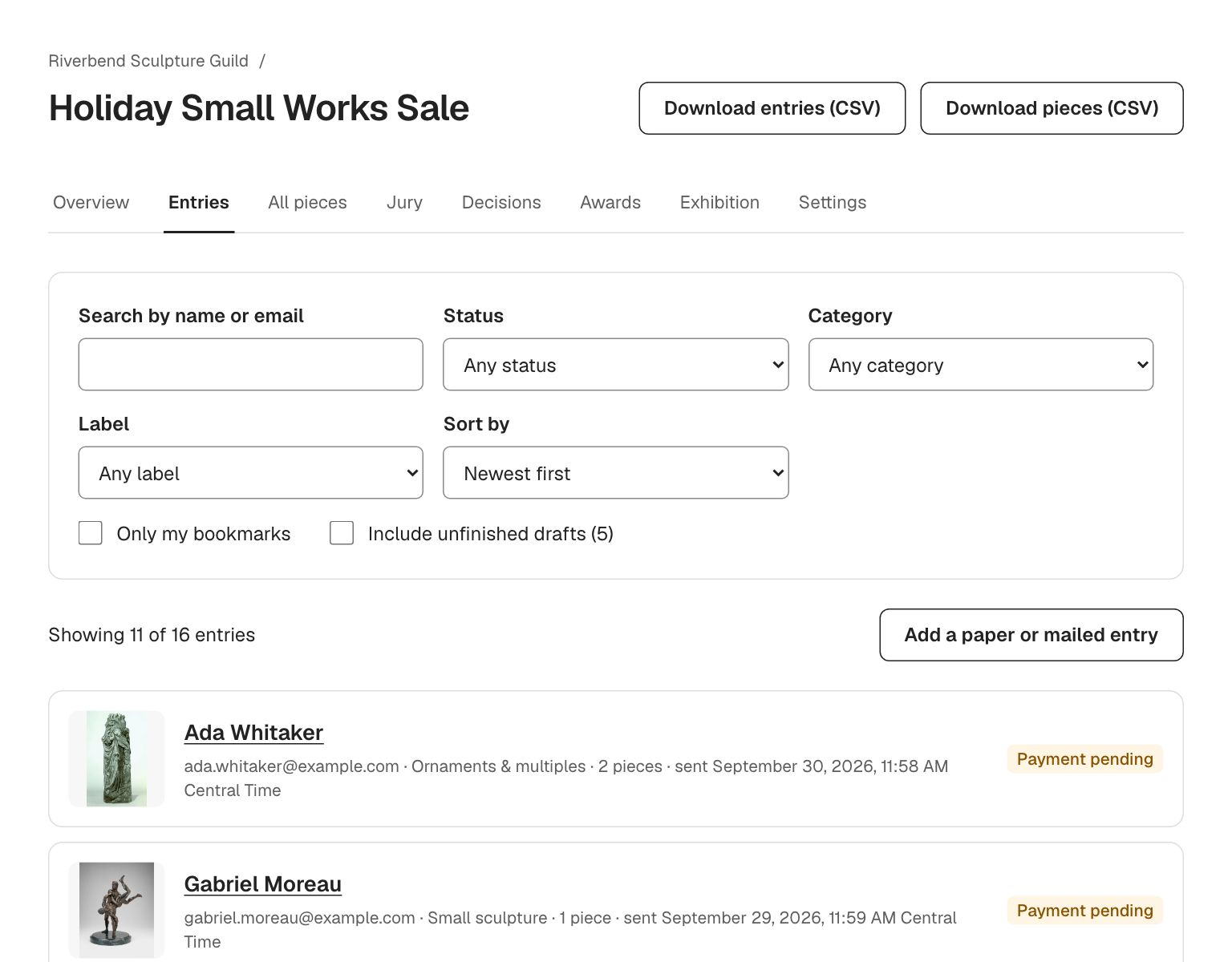 The entries list with search, status, category and label filters, download buttons, and a button to add a paper or mailed entry.