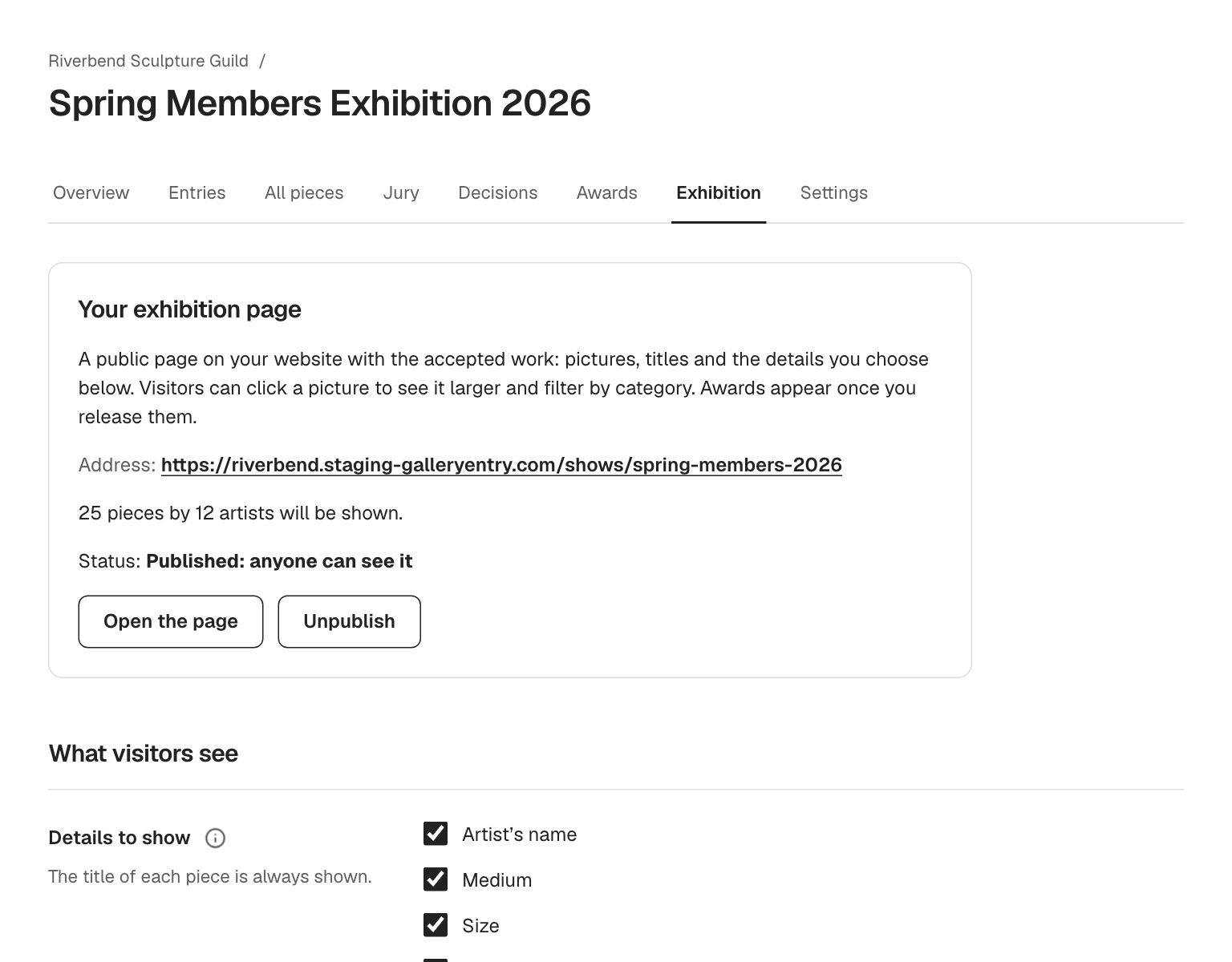 Exhibition settings: checkboxes for which details to show, a publish button and a preview link.