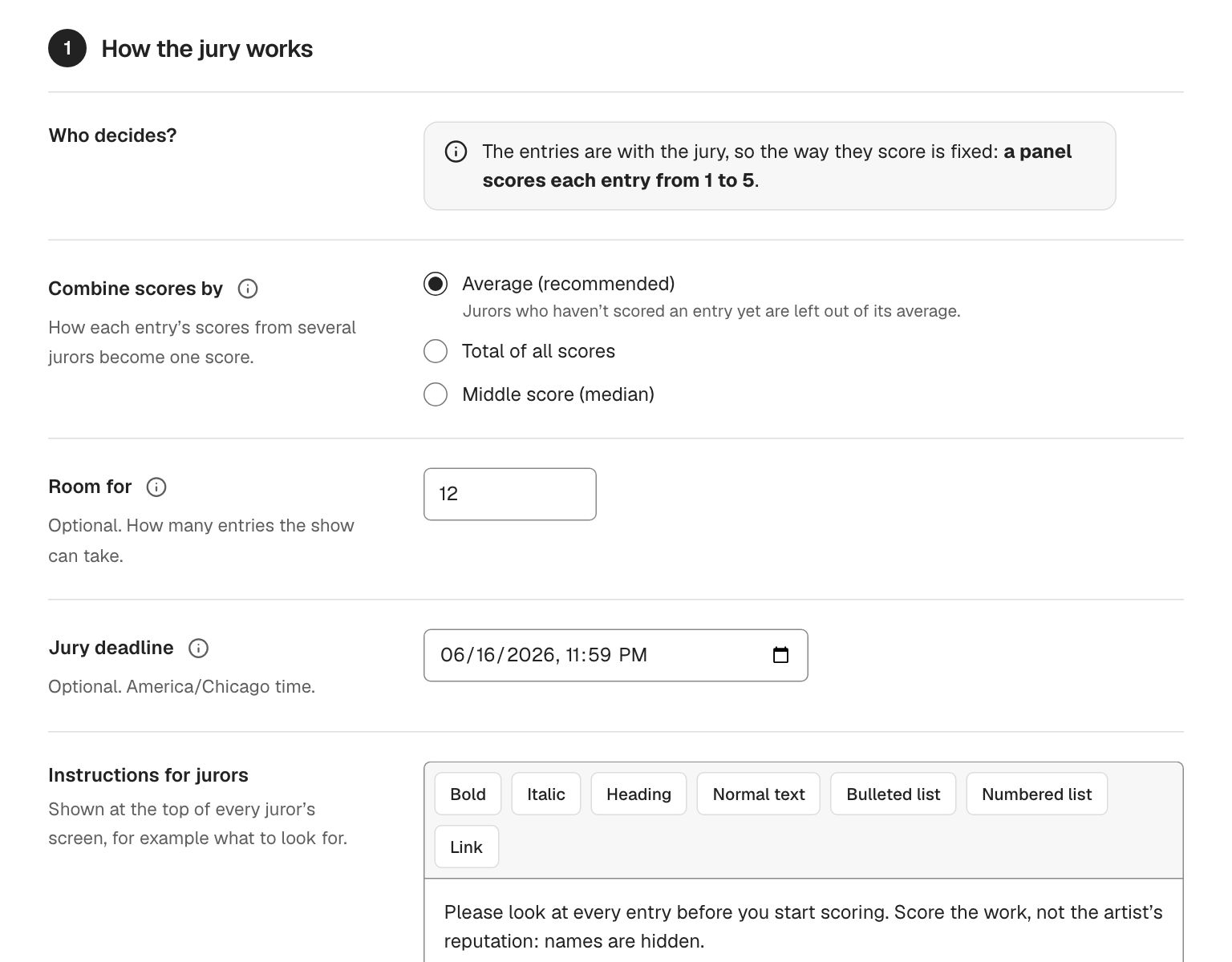 Jury settings: the panel scores each entry from 1 to 5, scores combine by average, and the show has room for 12 entries.