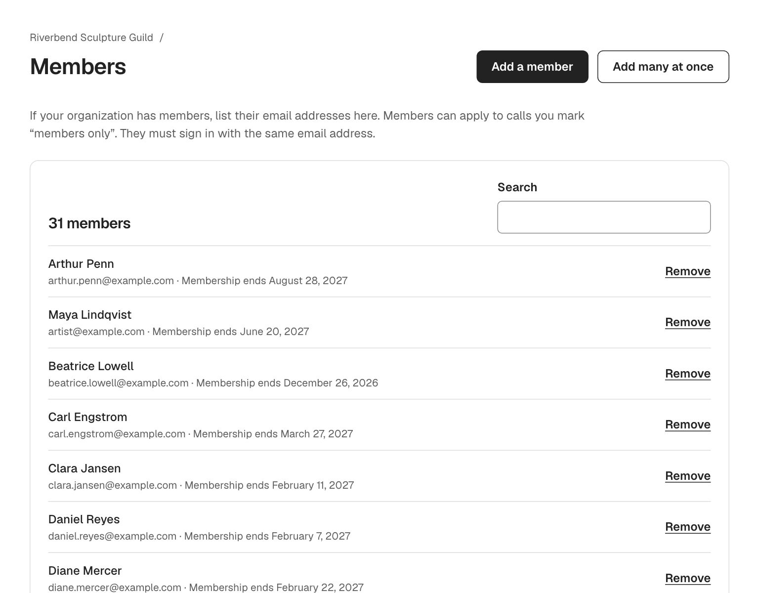The Members page with a list of members and buttons to add a member or add many at once.