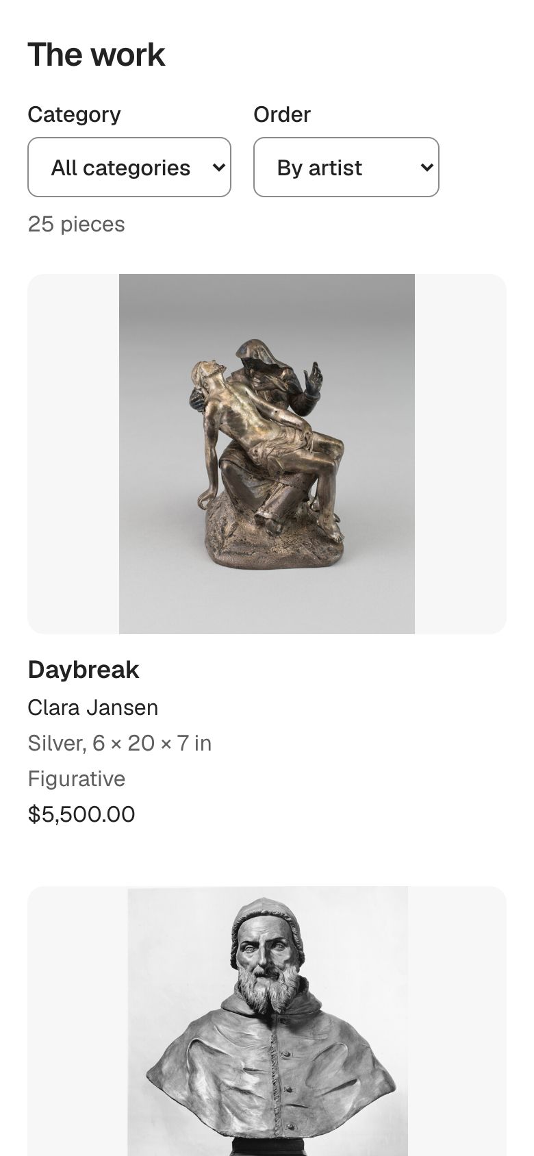 The exhibition on a phone: category and order filters, then a large photo of a silver sculpture titled Daybreak by Clara Jansen, $5,500.