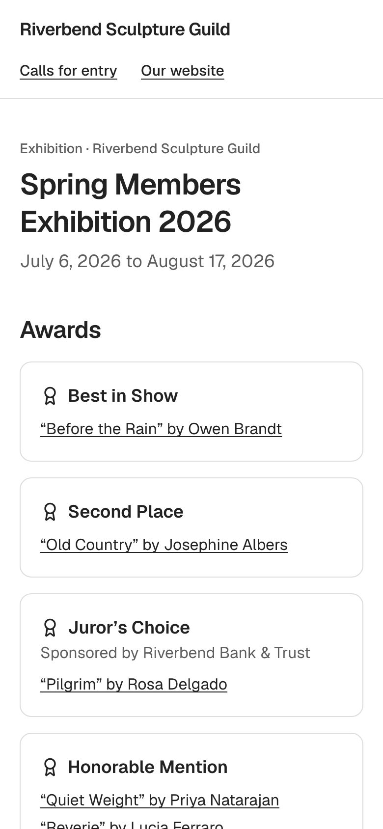 An online exhibition on a phone with award winners listed.