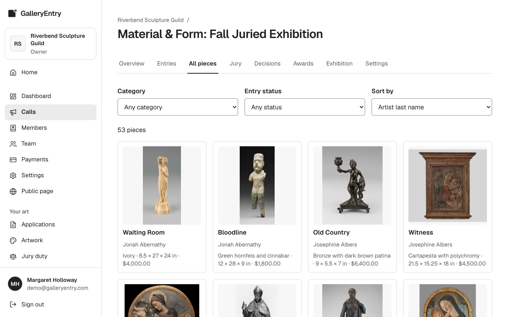 The All pieces view: a grid of sculpture photos with each title, artist, material, size and price, with filters for category and status.