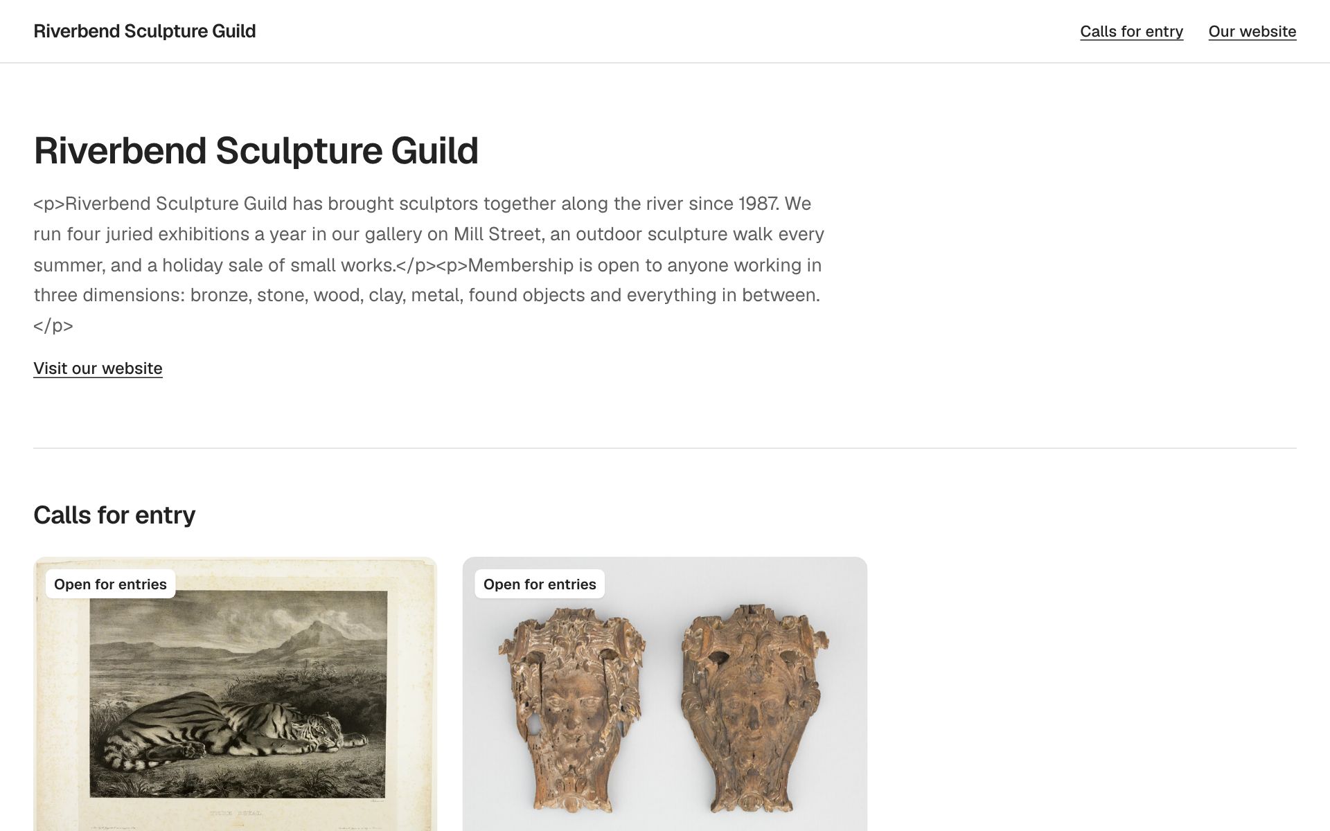 A guild’s GalleryEntry home page listing its calls for entry.