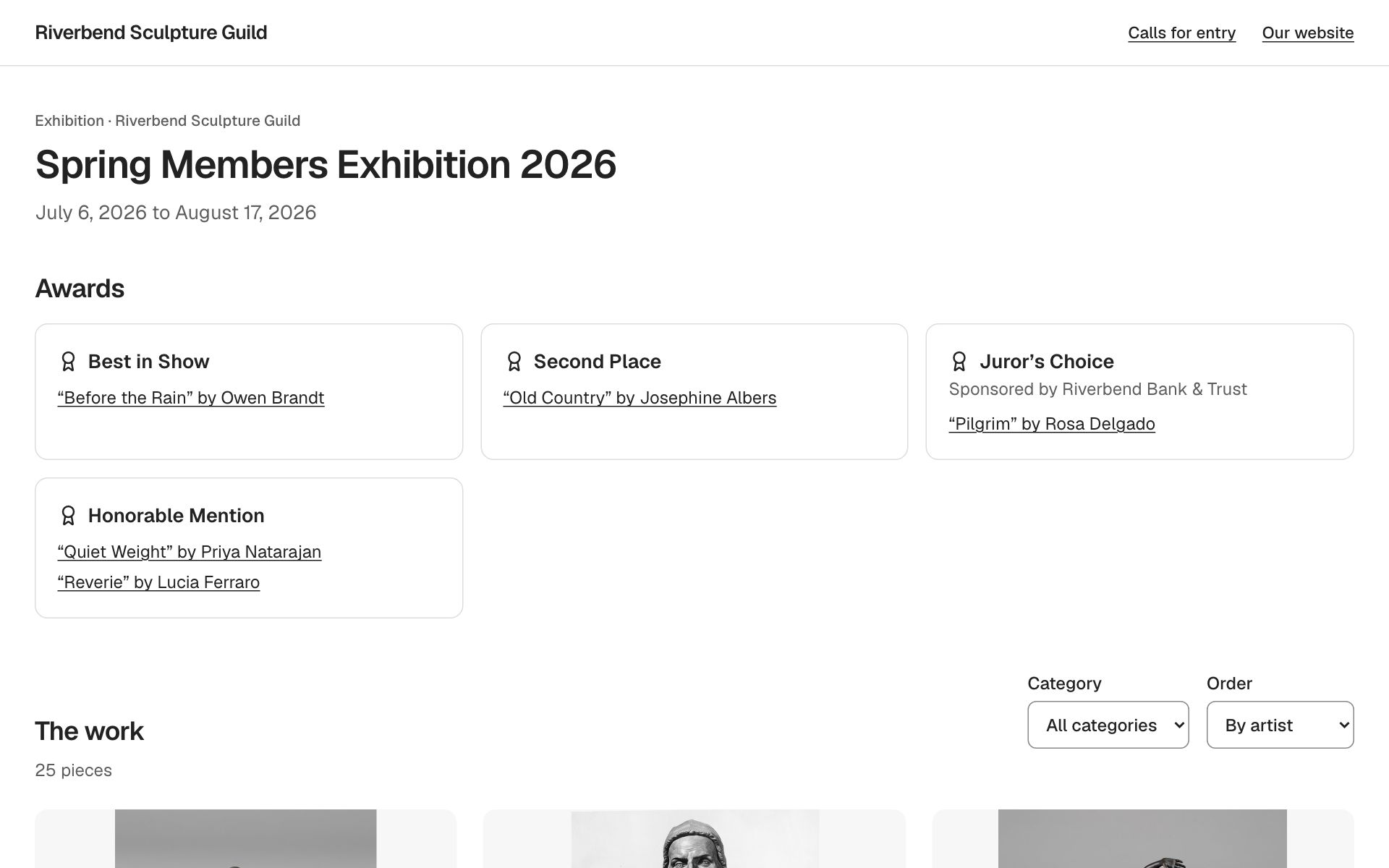 An online exhibition with award winners at the top.