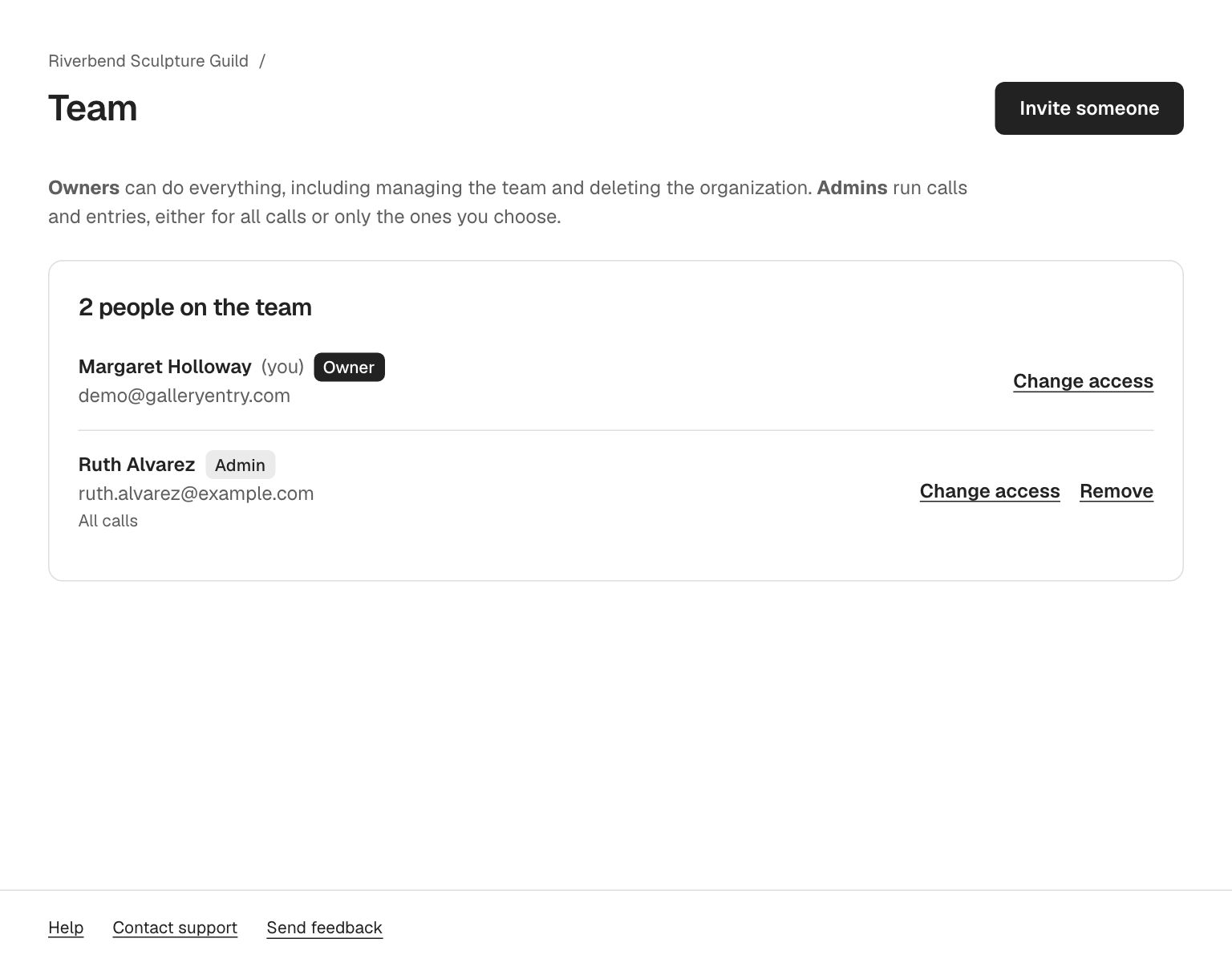 The Team page listing owners and admins, with buttons to invite someone and change access.